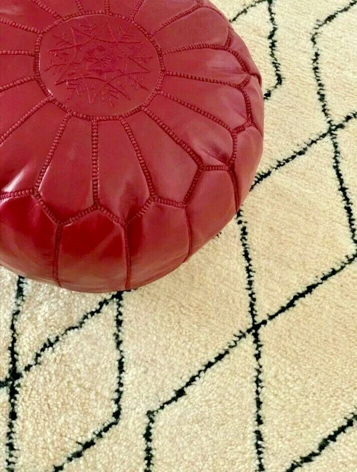 Leather Moroccan Pouf Ottoman Burgundy Goatskin Footstool Round
