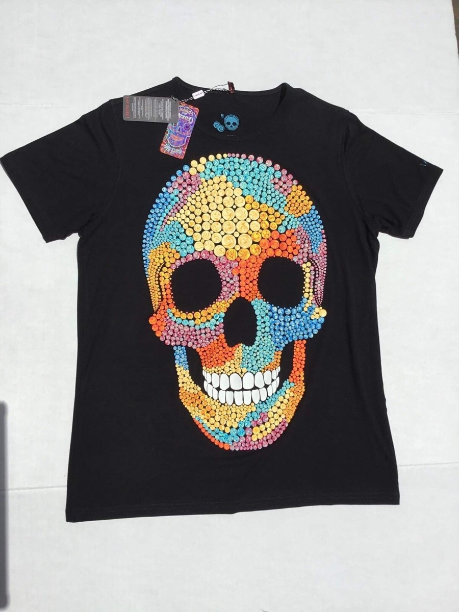 Ay Guey Multi-Color Skull T-Shirt, Size M, Black Heavy Fabric