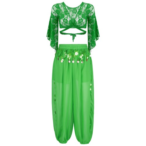 Womens Sets Breathable Outfit See-through Belly Dance Costume Shiny Crop Top - Picture 100 of 109