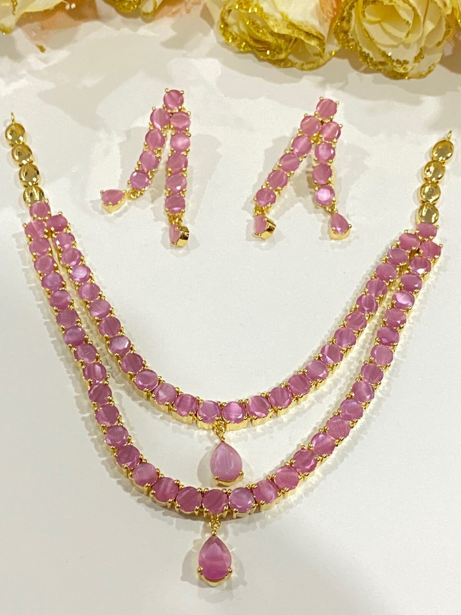Vintage Pink CZ Wedding Victorian Layered Necklace Dangle Drop Earrings  Jewelry