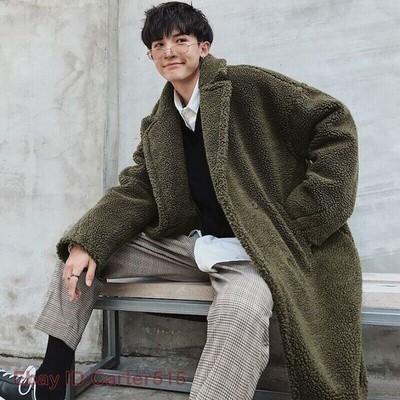 Men's Sherpa Overcoat Shearling Fleece Outwear Trench Coat Winter Jacket Lapel