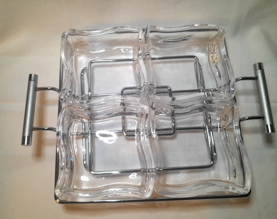 RARE 5pc Retro Wave Square Appetizer/Snack Serving Dish Set Glass & Chrome MCM - Image 2 of 4