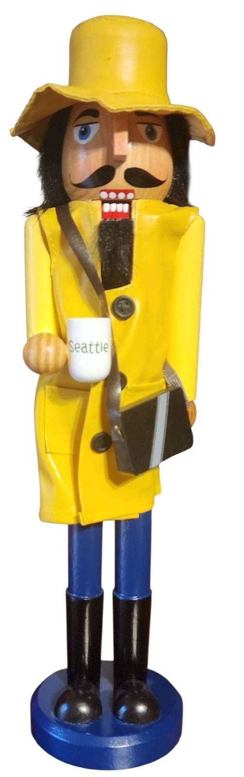 Wood Nutcracker 15” Raincoat Yellow Seattle City Coffee Drinker Book Bag