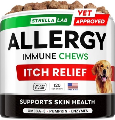Dog Allergy Relief Chews Anti Itch Skin Coat Omega 3 Fish Oil 120 Ct Made in USA