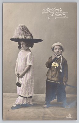 RPPC Comic Kinder ''My She's A One-R'' handgetönte Postkarte Carlton Pub Serie