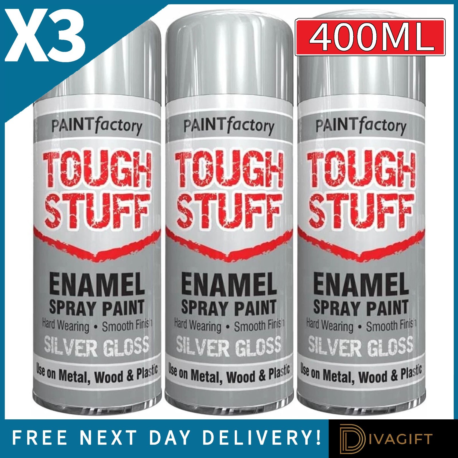 3 x SILVER GLOSS ENAMEL SPRAY PAINT 400ML FOR WOOD METAL PLASTIC TOUGH STUFF NEW