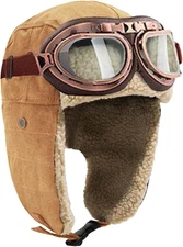 Aviator Hat with Goggles for Adult Kids- Vintage Pilot Costume Cap Winter Fur Tr