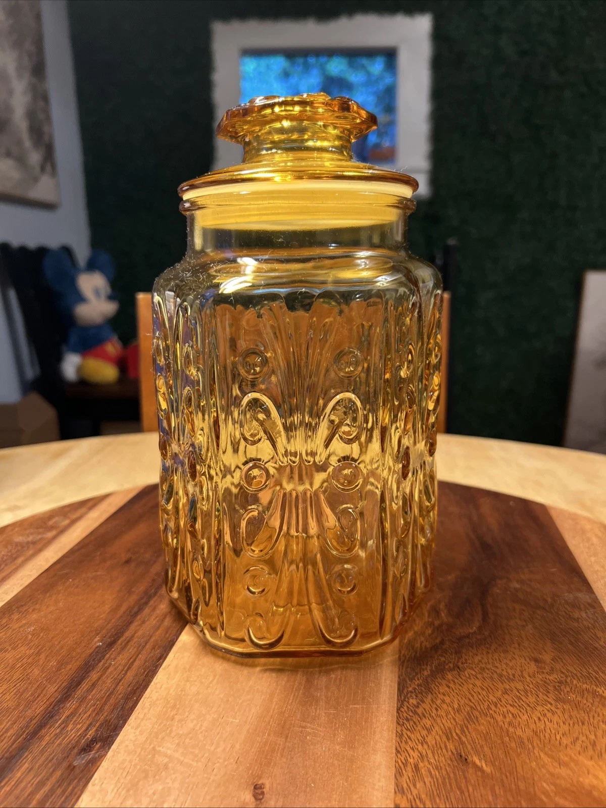 Vintage Honey Amber Ornate Embossed Glass Canister w/ Freshness Seal