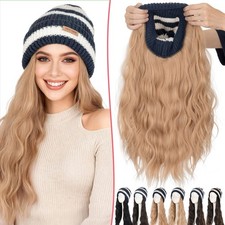 Warm Beanie Hat Wig with Hair Attached Long Wavy Black Winter Knitted Beanie Hat
