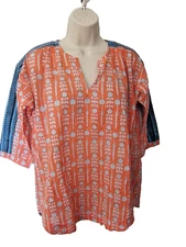 NWOT Roberta Roller Rabbit Orange and Blue V neck Top Tunic Sz M