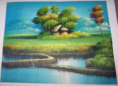 Reisterrassen GEMÄLDE Bäume Reis Haus Asien Bild Malerei Schilf Dschungel BALI
