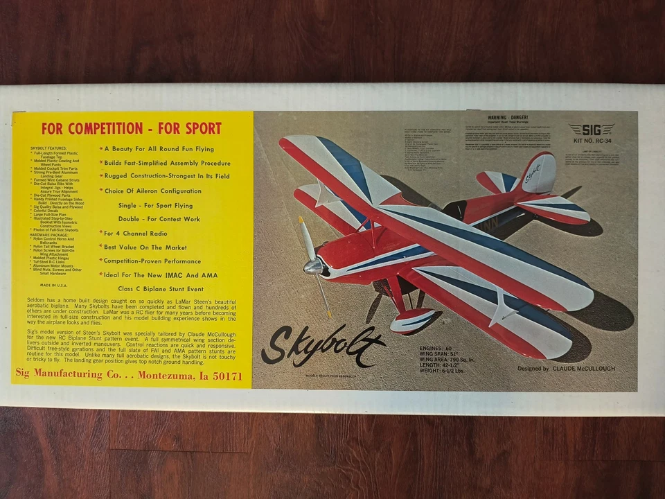 NIB Sig Skybolt RC-34 Biplane Kit Vintage Balsa Wood Model Aerobatic R/C Plane - Image 2 of 4