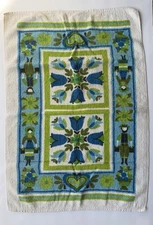 Vintage Sayco Folk Art Tulip & Couple Pattern Cotton Towel – Blue Green – USA