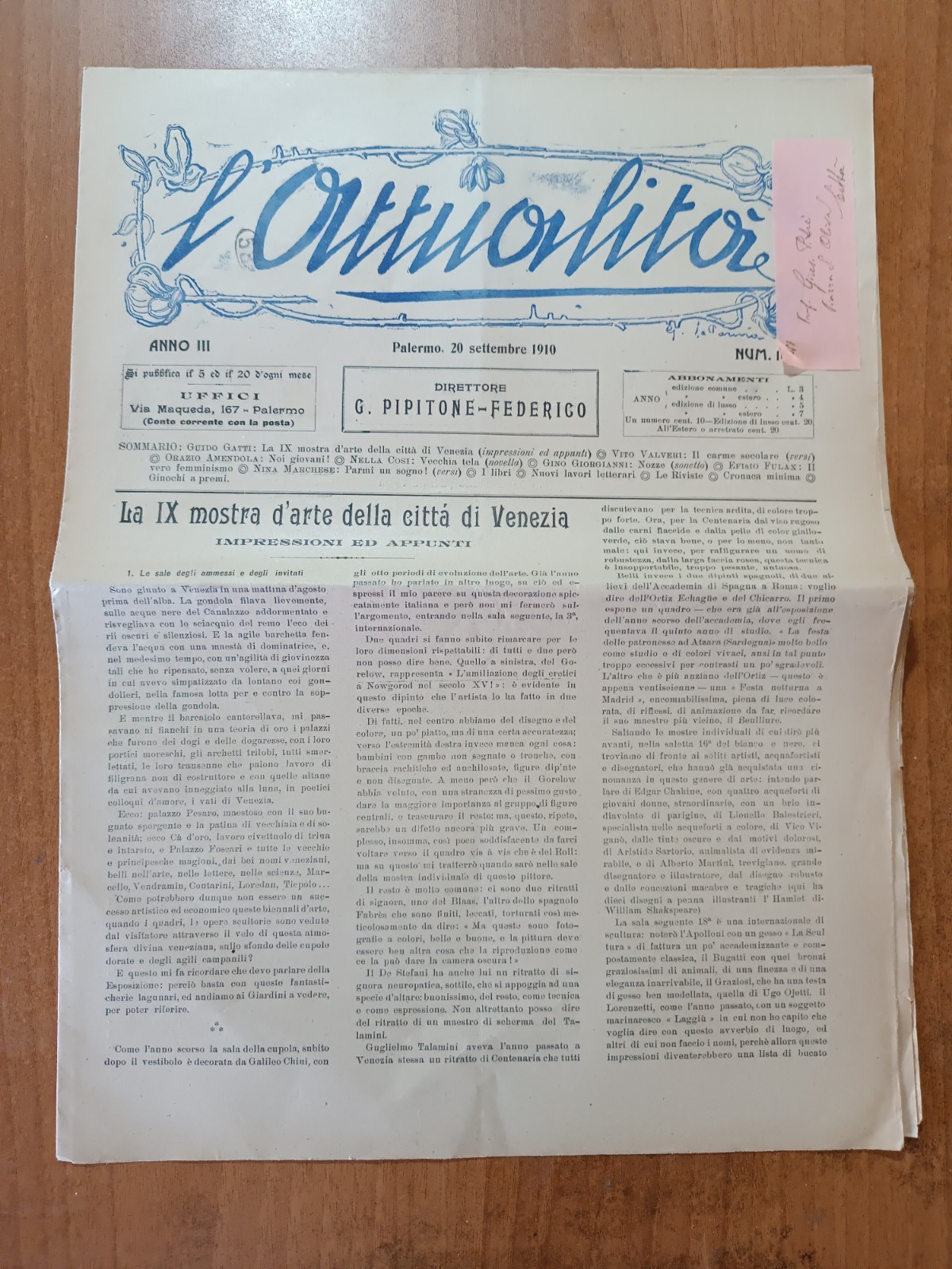 L'ATTUALITA' 16/1910 G. Pipitone Federico, Giuseppe Pitrè, IX Mostra Venezia