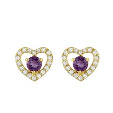 14KT Gold Amethyst Heart Stud Earrings with Topaz Diamond Halo Romantic Gift