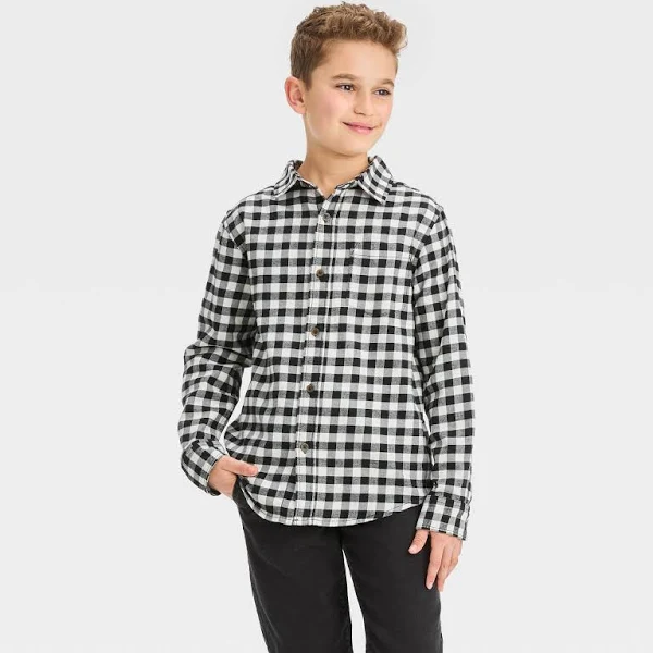 Cat Jack Boys' Black and White Plaid Button-Up Flannel Shirt