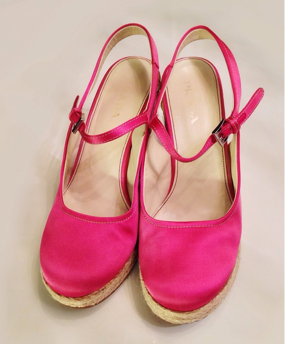 Prada プラダ　メリージェーン　ピンク PRADA - Hot Pink Fuchsia Satin Mary Jane Wedge Heel Slingback