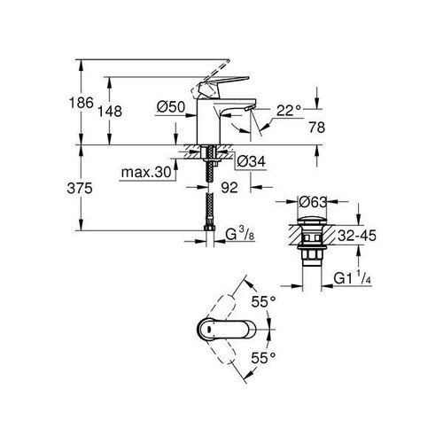 GROHE EH-WT-Batterie Eurosmart C 23925 S-Size Push-open Ablaufgarnitur chrom - Bild 2 von 3
