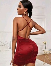 Red Draped Collar Ruched Satin Bodycon Dress. Size M(6)