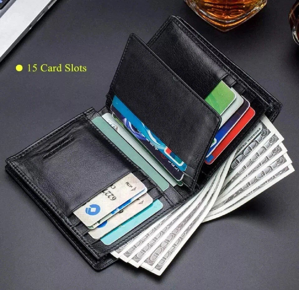 New Men's Genuine Leather RFID Blocking Large Capacity Bifold Wallet Black - Image 3 of 4