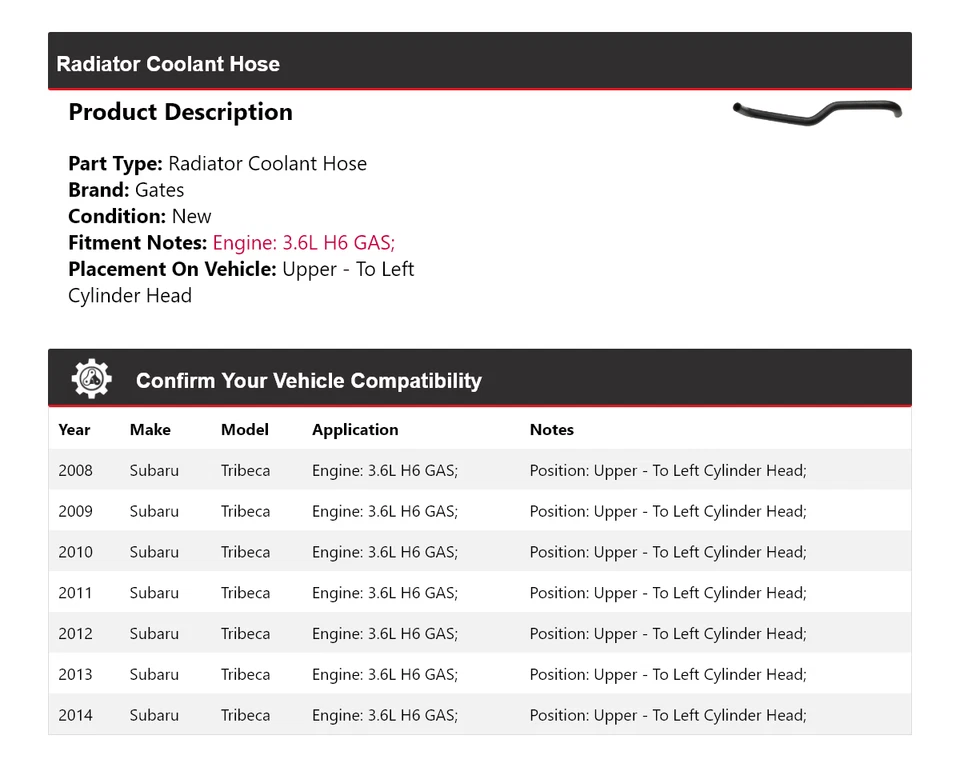 Puertas de manguera de refrigerante de radiador para Subaru Tribeca 2008-2014 2009 2010 2011 2012 Foto 2 de 4