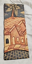 DUDA Signed Wood Carved Folk Art Landscape Wall Hanging