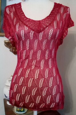 Worthington Medium Top Garnet  Red Pointelle Knit Mesh Cap Sleeves Pullover