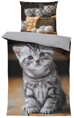 4 teilig Katzen Bettwäsche 135x200 cm Katze Welpe Baby Cat Kitty grau Mikrofaser