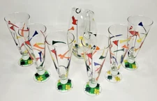MCM Smithereens Hand Painted Barware Signed Beer 6 Glasses Pitcher Golf Vikki 98