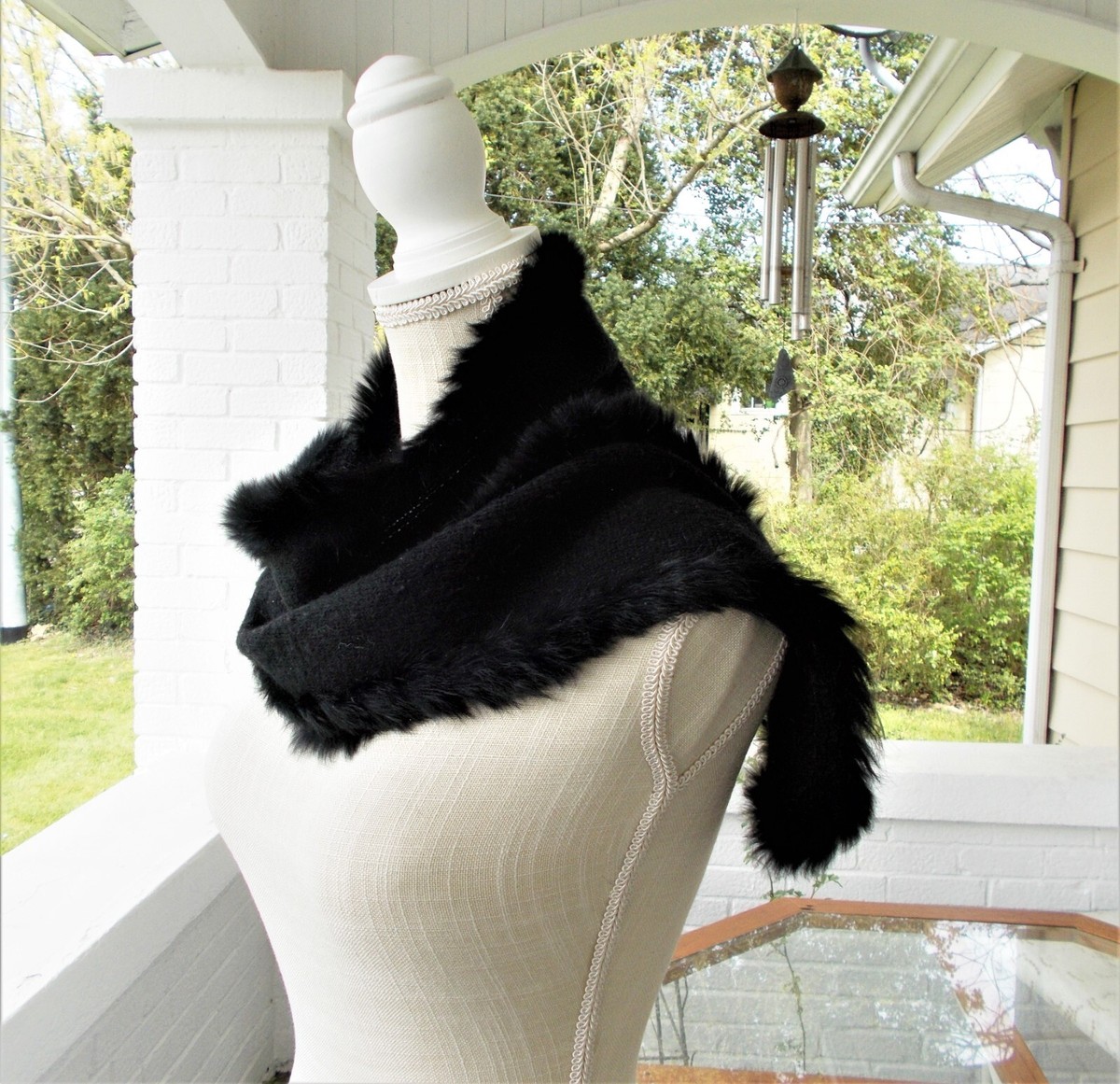 Cejon Black Knitted Acrylic Scarf Wrap W/ Genuine Rabbit Fur