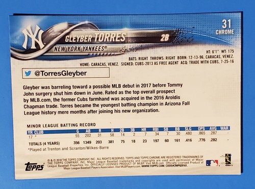 Gleyber Torres RC 2018 Topps Chrome Update 2-Card Lot RC #31 Rookie Debut #HMT33 - Picture 8 of 8