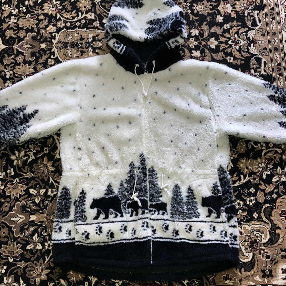 Vtg ANDREA FAYE USA Women's M White Hooded Black Bears Plush Vtg ANDREA FAYE USA Women's M White Hooded Black Bears Plush