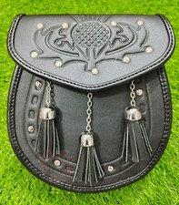 Handmade Black Real Leather Thistle Embossed Half Dress Scottish Kilt Sporran