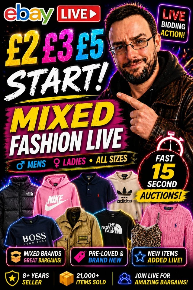£2 £3 £5 START 🔥 MIXED FASHION LIVE MENS & LADIES FAST 15 SECOND AUCTIONS