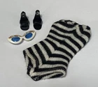 Vintage 1960s Ponytail Barbie Outfit Zebra Swimsuit Sunglasses & Black Mules