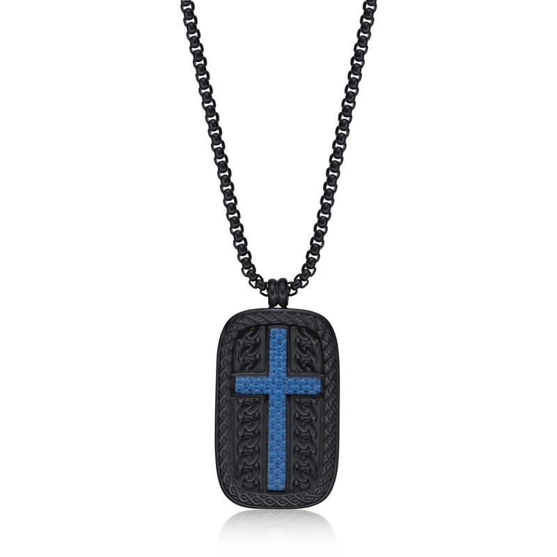 Black and Blue Ion Plated Cross Tag Pendant Jewelry - 24 Inch Round Box Chain