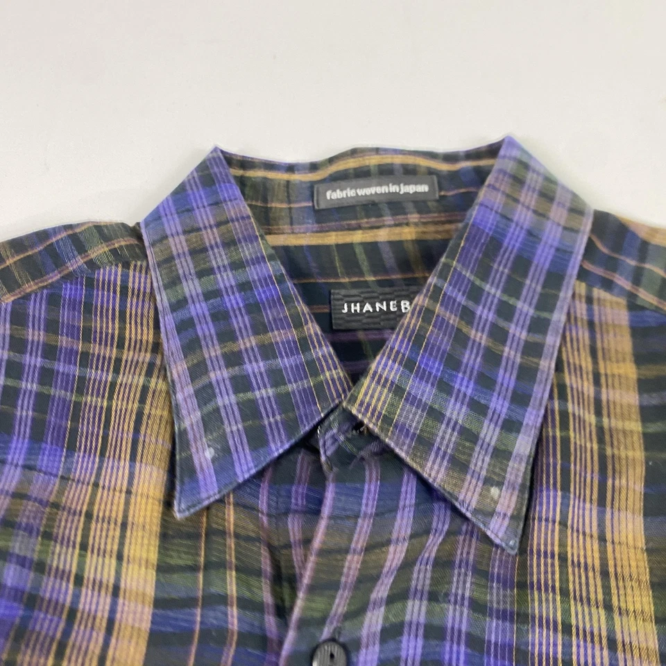 Camisa Jhane Barnes Para Hombre Mediana Púrpura Verde A Cuadros Manga Larga Botón Delantero Japón Foto 4 de 4