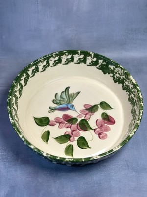 VTG Alpine Pottery Roseville  2000 Deep Dish Pie Plate Green Sponge Hummingbird