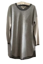 Max Studio Women’s Cashmere Top, M, 2-Ply Long, Slits ELBOW PATCH GREY/Oatmeal