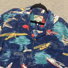 Paradise Found Hawaiian Shirt Mens XL Blue Airplane Pilot Dad Resort Wear