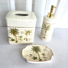 Bathroom Set Palm Tree Tissue Cover Soap Holder Pump Dispenser 3 pc Coastal