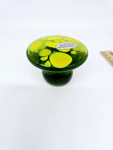 Vintage Blenko 3" MCM Green & Yellow Glass Mushroom Paperweight GLOWS ✨️