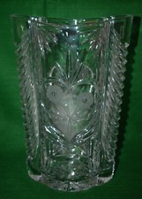 LARGE CRYSTAL CLEAR GLASS VASE WITH ETCHED FLOWERS -VERY HEAVY