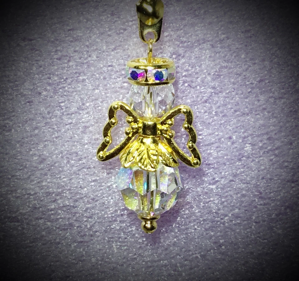 Handcrafted Bright Gold Angel Bar And Ball Chain Made With Swarovski Lamp Pull - Image 2 of 4