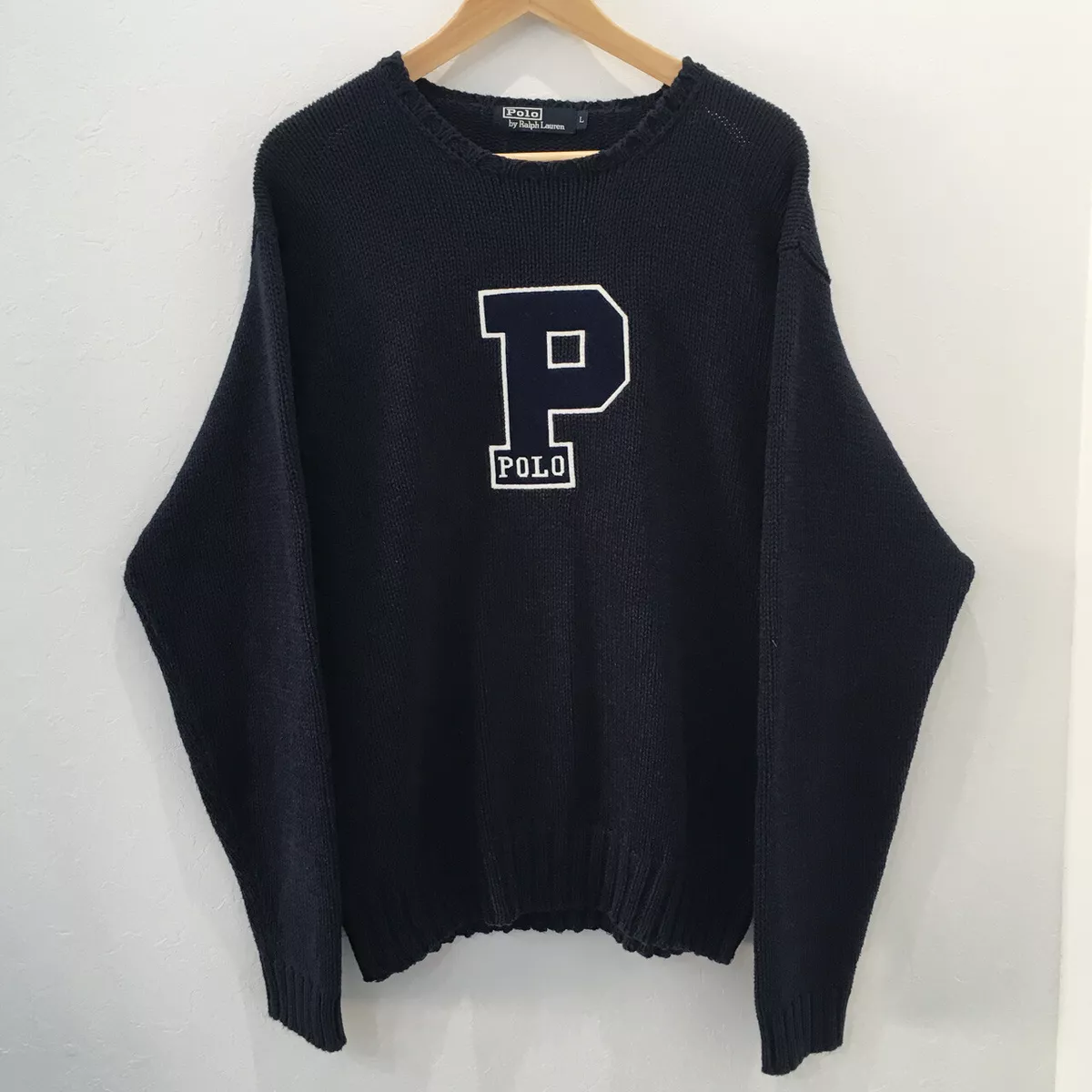 VINTAGE Ralph Lauren LETTERMAN P LOGO COTTON KNIT SWEATER NAVY