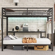 Functional Metal LED Bunk Bed/Loft Bed with Desk & Bookshelf,Queen over Twin XL
