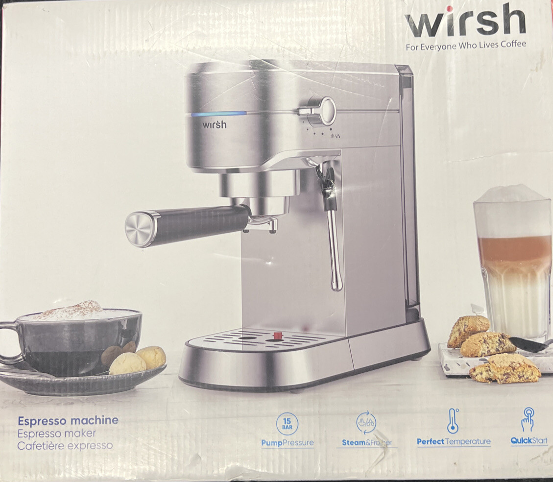 Wirsh Espresso Machine, 15 Bar Maker W/ Commercial Steamer, Brushed Stainless