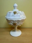 Vintage Milk Glass Westmoreland Paneled Grape Compote Candy Dish with Lid.