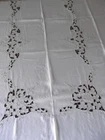 Vtg linen tablecloth 66x104 oblong madeira cutwork embroid scallop ecru MINT