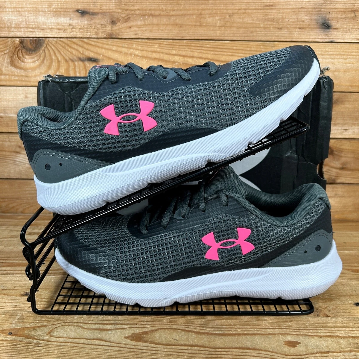 UNDER ARMOUR Surge 3 Size UK 8 Womens Grey Pink Mesh Knit Running Gym Shoes NEW